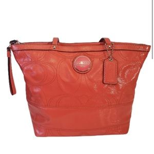 Coach Signature Patent Leather Tote Handbag in Coral - Y2K Vibes
